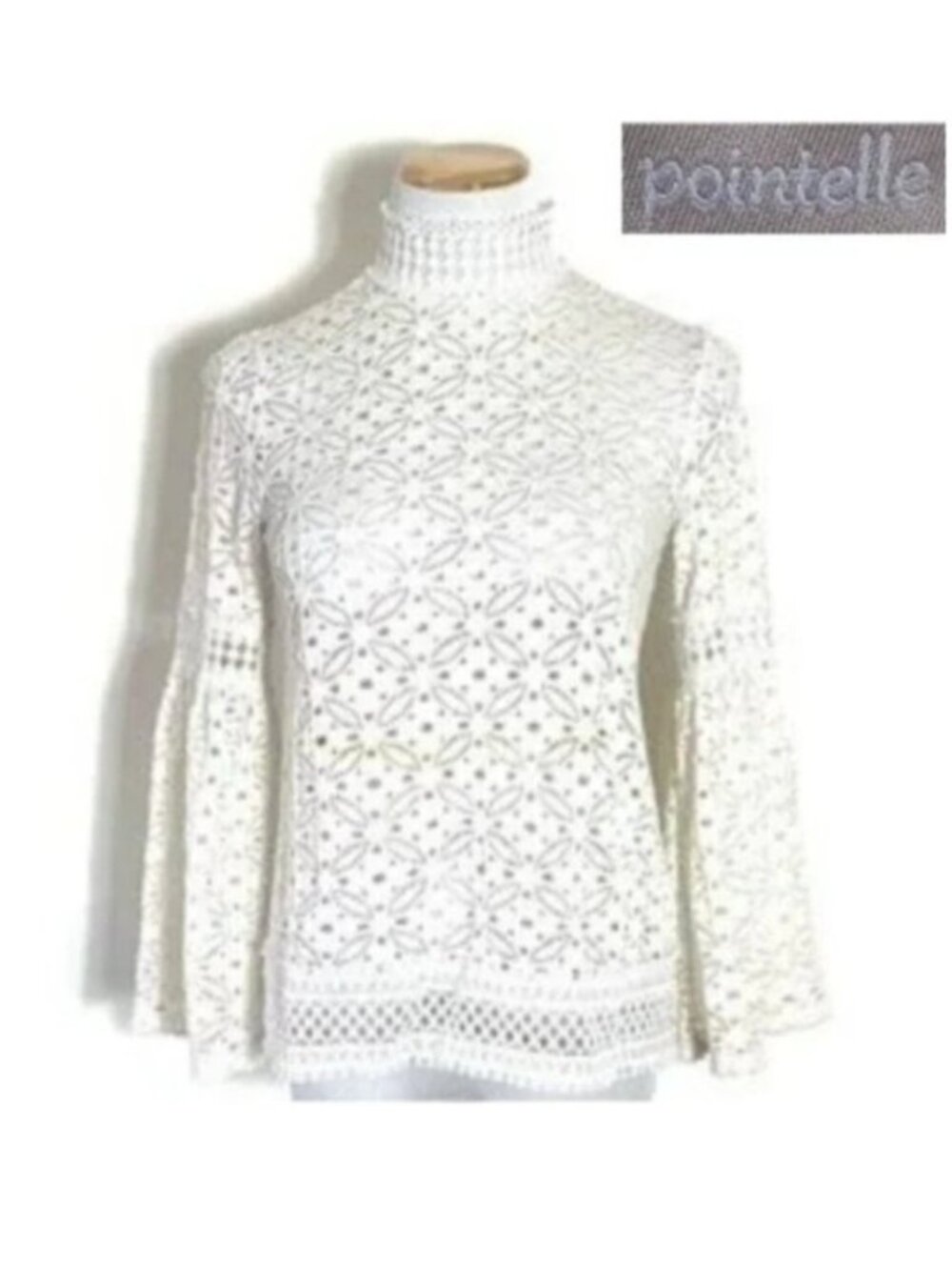 𝒑𝒐𝒊𝒏𝒕𝒆𝒍𝒍𝒆 Women's Crochet Lace Mock Neck Bell Sleeve Blouse⚪ (Size M)